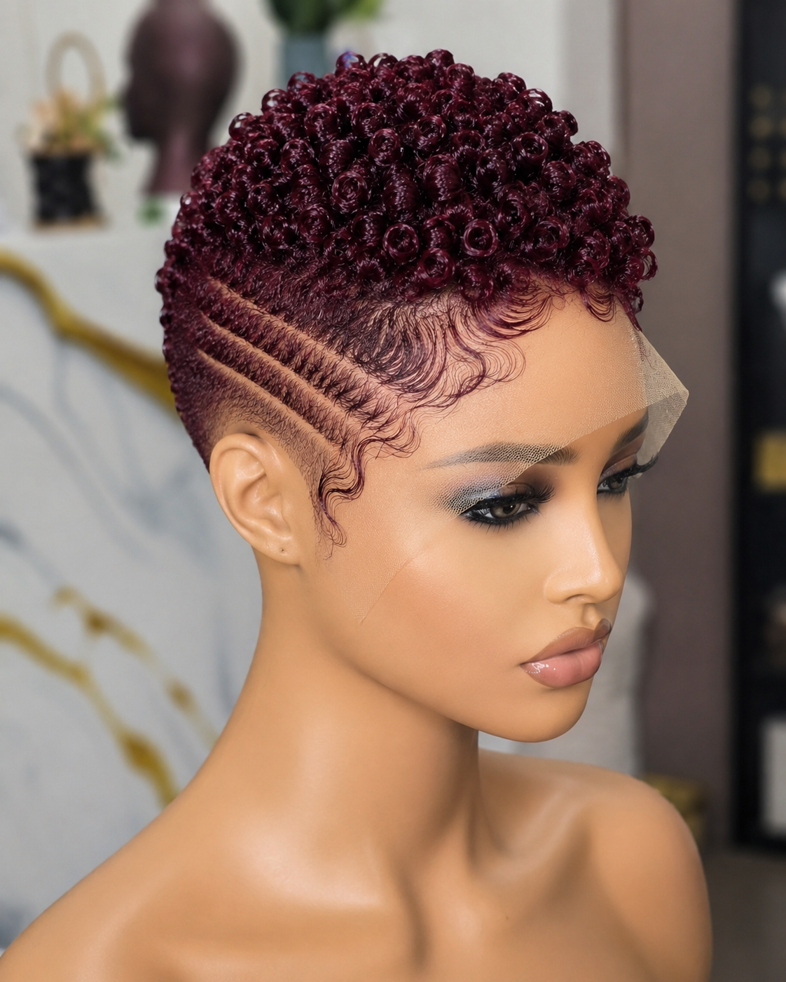 Deep Burgundy Pixie Cut Pairs Three Side Cornrows with Rich Velvet Tones #thebestwomenshaircuts