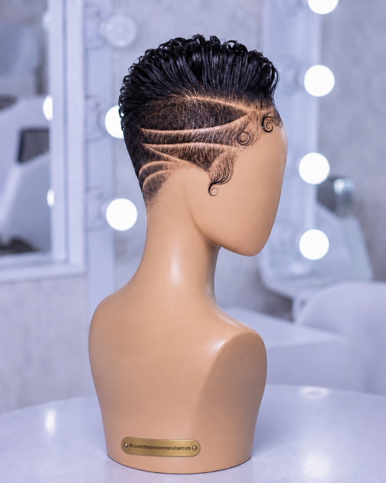 Sculpted Swirl Edges Meet Geometric Razor Lines: Why Sideburn Swirls Anchor A Jet Black Pixie Wig #thebestwomenshaircuts