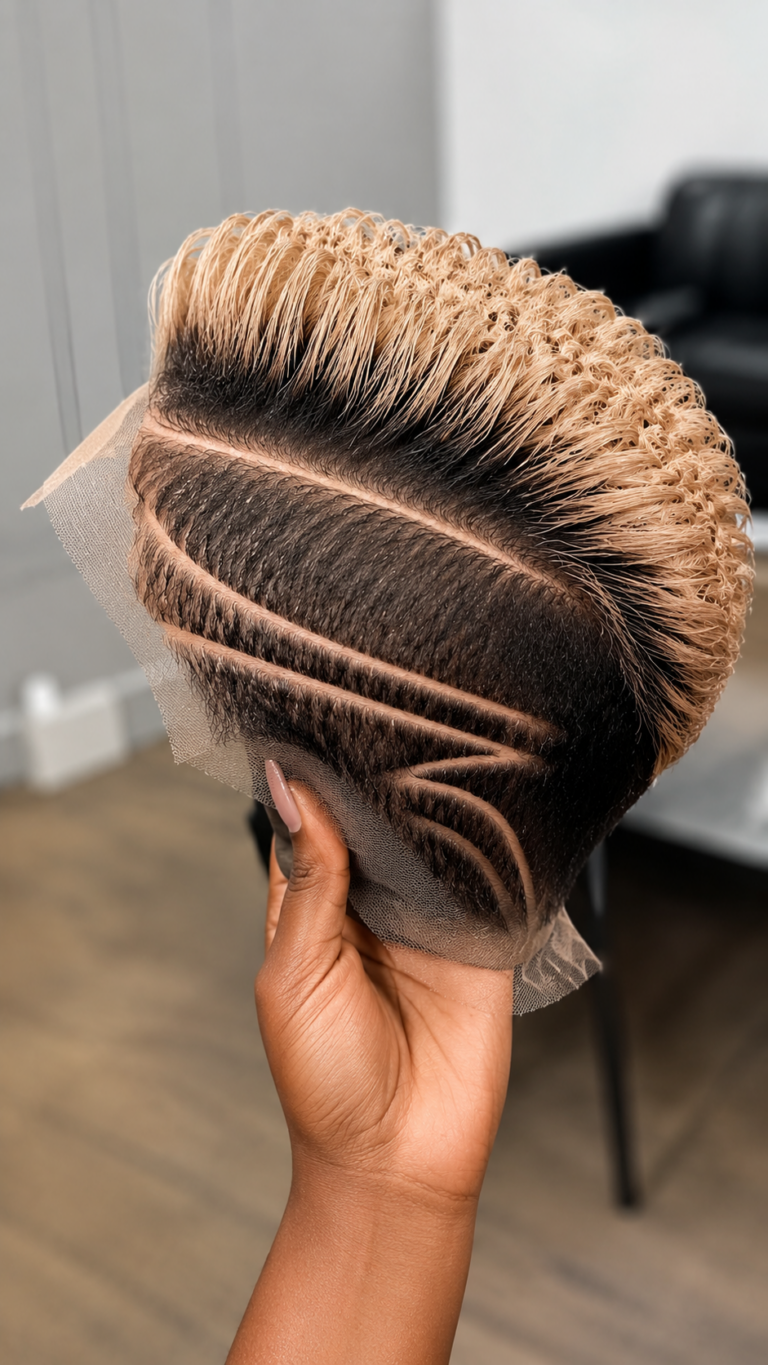 Platinum Blonde Crest Meets Dark Root Zig-Zag Carving: The Geometric Precision Of A Short Crop Pixie Wig #africanprintdesigners