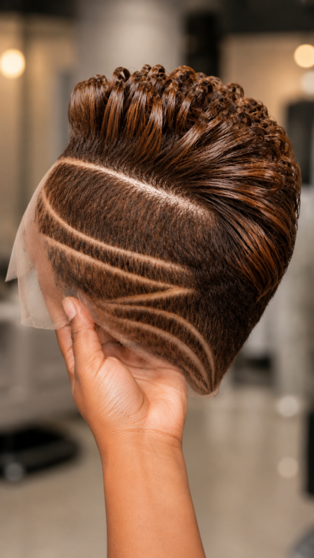 Warm Chestnut Pompadour Crest Meets Interconnected Zig-Zag Carving: The High-Precision Geometry Of A Short Lace Crop #yourfashionassistant