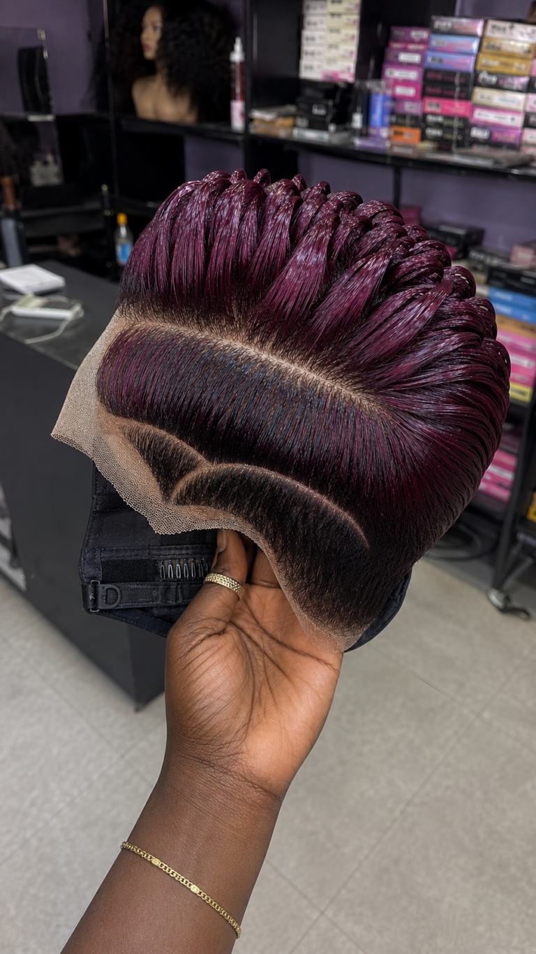 A Geometric V-Arched Razor Line Splits An Ultraviolet Plum Pompadour On A Glueless HD Pixie Wig #africanprintdesigners