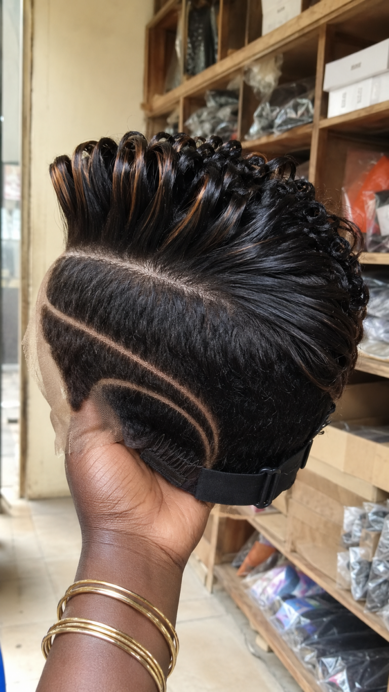 A Curved Double Razor Arch Frames A High-Lift Pompadour Pixie Wig With Warm Copper Highlights #AfricanTrendyFashionSC