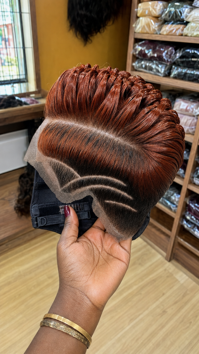 A Triple-Tier Geometric Arch Channels Tension Across A Burnt Copper Pompadour Pixie Wig #hairstyleandfashionSC