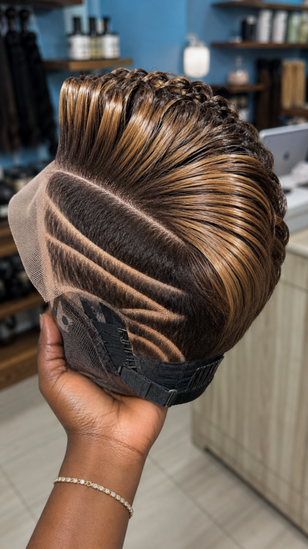 The Sweep Of A Highlighted Pompadour Pixie Wig Shows The Whole Architecture #HairstylesforWomenSC