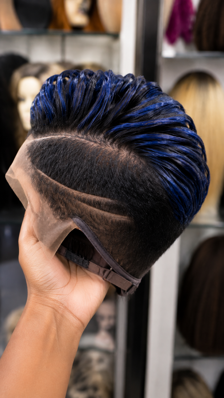 The Blue Streaks On This Pixie Wig Work Because They Follow The Direction Of The Hair #AfricanTrendyFashionSCh