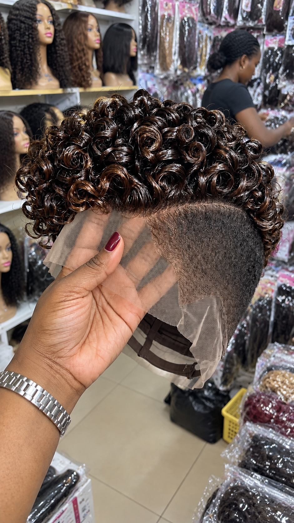 Chocolate Espresso Ringlet Wig With a Close-Cropped Side Panel and Exposed Lace Construction #apdh