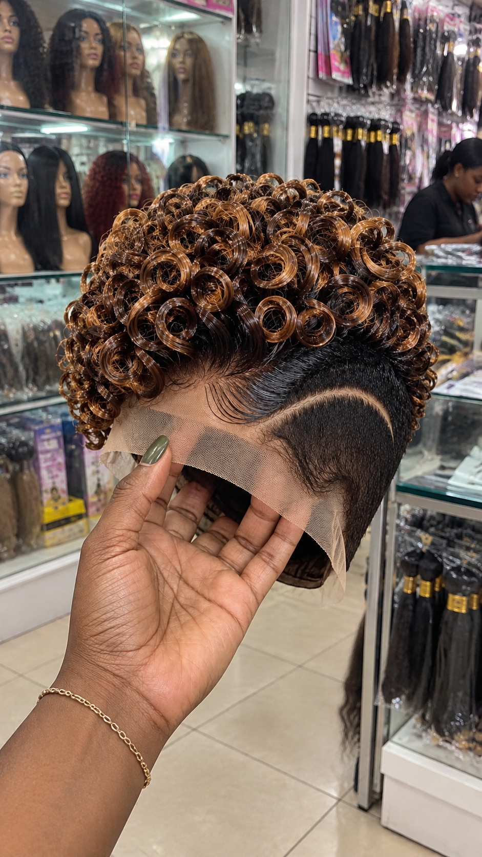 Toffee Brown Spiral Crown Wig With a Single Crescent Temple Line and Black Taper #afth