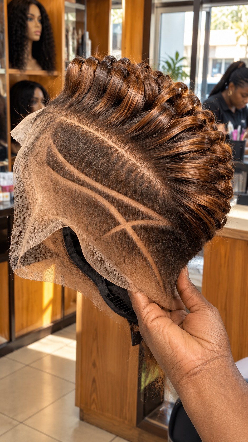 Cinnamon Caramel Ribbon Pixie Wig With Intersecting Side Lines and Espresso Brown Roots #apdh