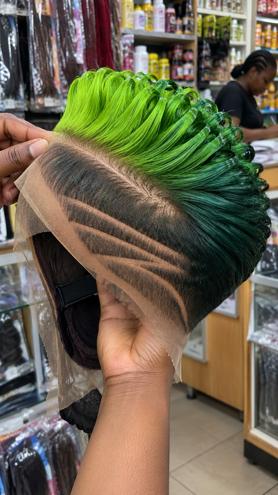 Neon Lime Green Pixie Lace Wig With Emerald Swept Curls and Double Razor Side Stripes #afth