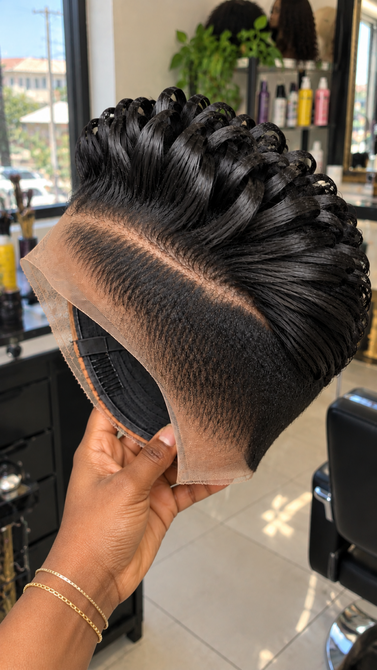 Jet Black Vertical Ribbon Loop Wig with a Single Diagonal Part and Precision Tapered Temple #bestk