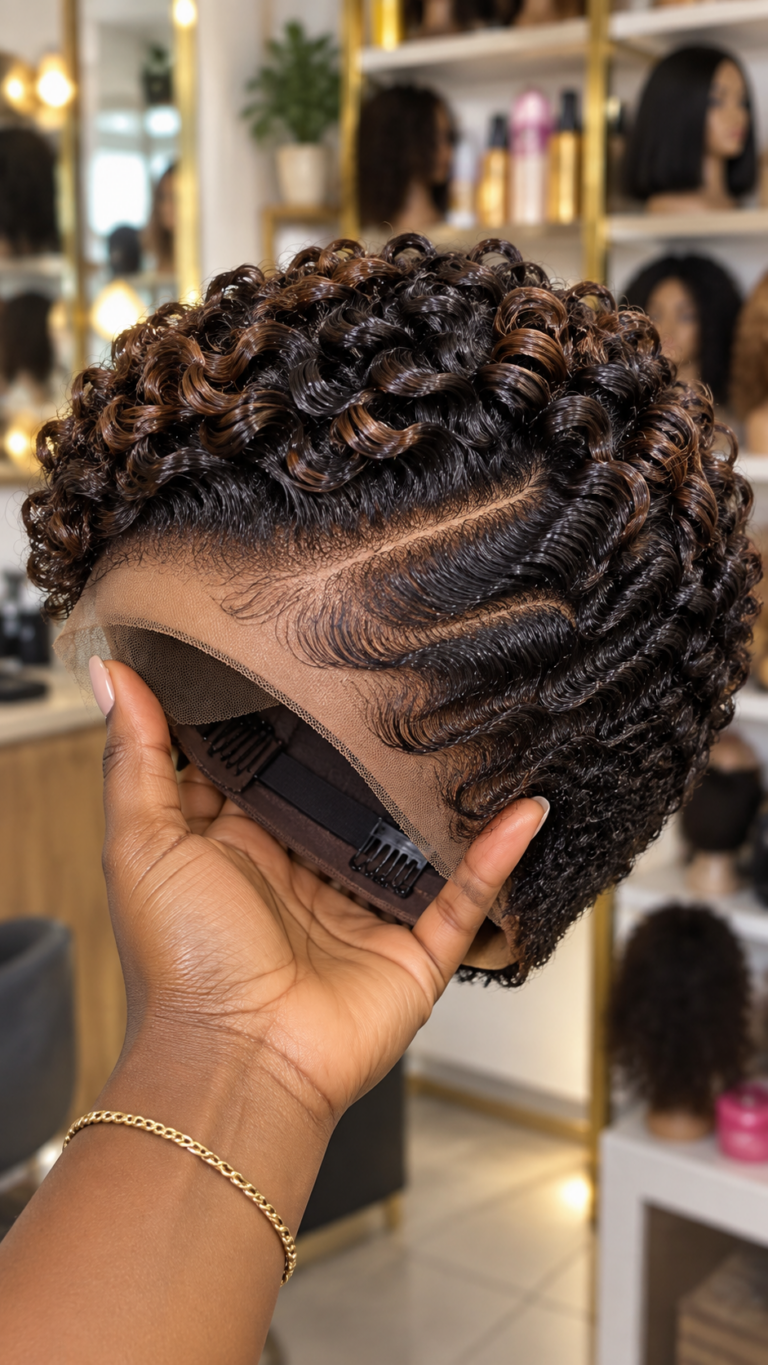 Espresso Brown Pixie Wig With Caramel-Tipped Coils and Layered Finger-Wave Ridges #bestk