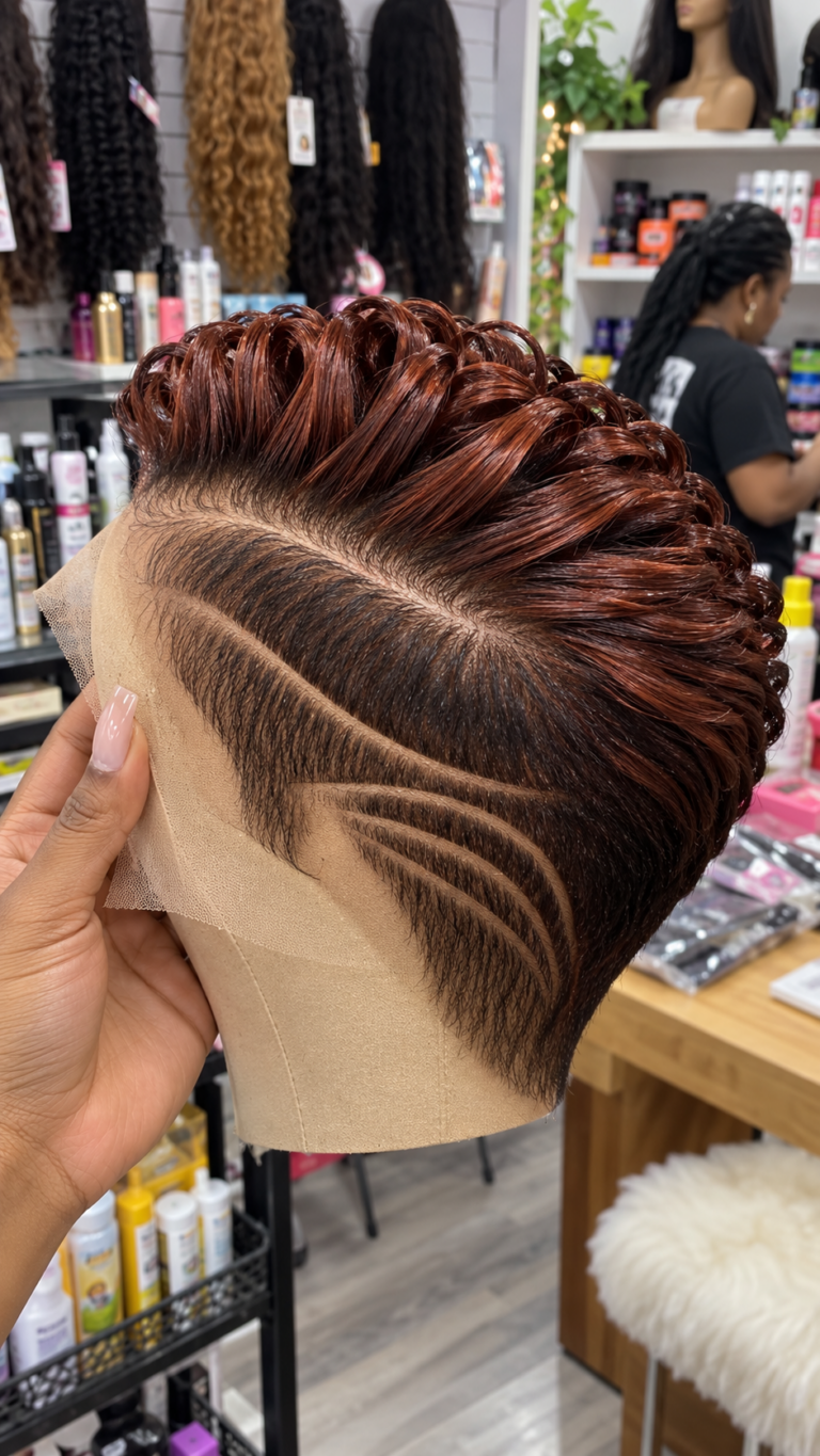 Auburn Copper Swept-Back Pixie Wig With Layered Razor-Style Side Curves #bestk