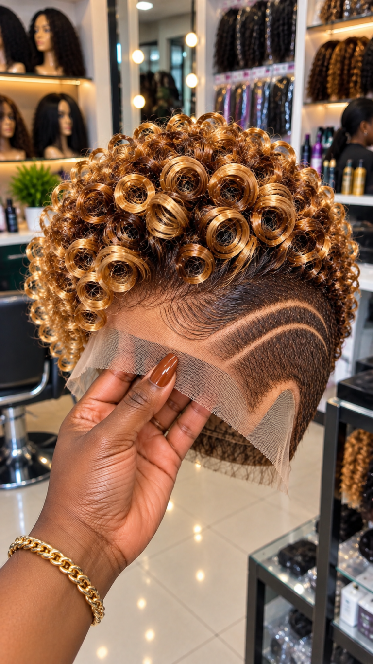 Honey Gold Circular Coil Pixie Wig With Chocolate Roots and Twin Sweeping Side Arches #apd