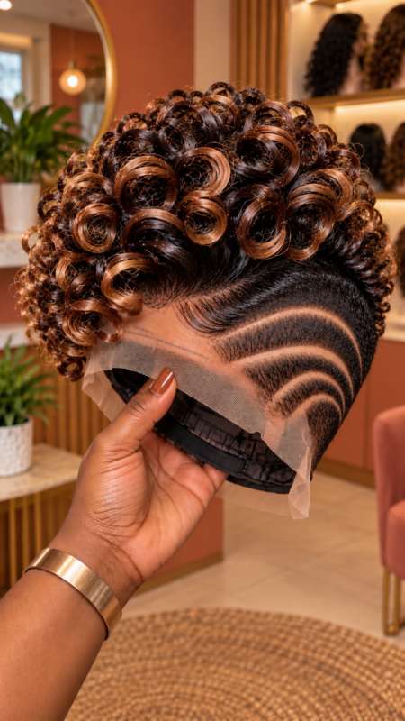 Cinnamon Copper Ringlet Crown with Four Sweeping Temple Arcs and Black Lace Base #apd