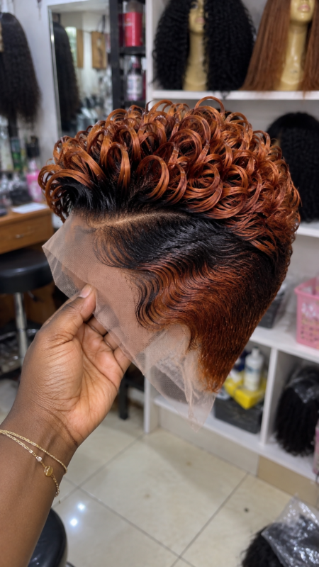 Burnt Copper Loop Curl Pixie Wig With a Black Diagonal Part and Sculpted Temple Waves #apd
