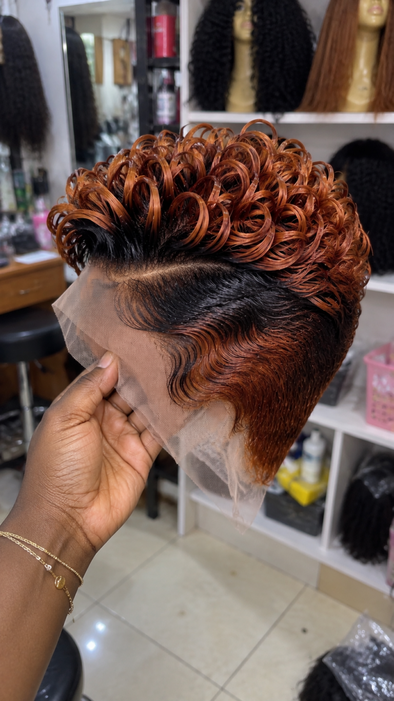 Burnt Copper Loop Curl Pixie Wig With a Black Diagonal Part and Sculpted Temple Waves #apd