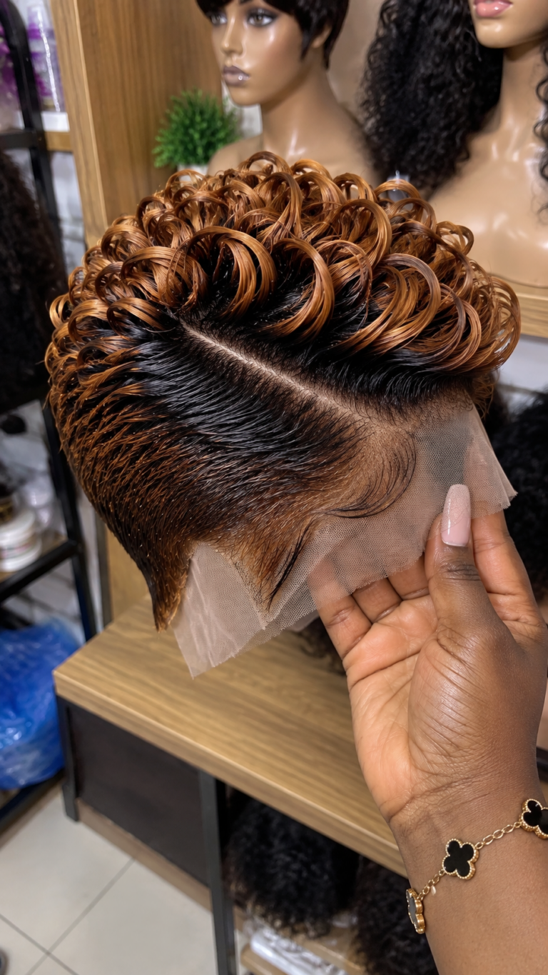 Amber Caramel Ribbon Curl Wig With Espresso Roots and a Sweeping Side Wave #bb