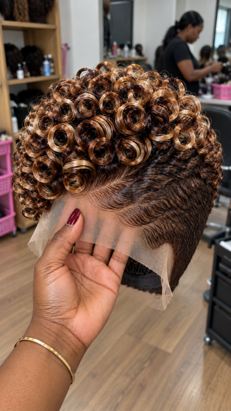 Bronze-Gilded Ringlet Wig With a Graduated Finger-Wave Side and Espresso Root Depth #HaircutStyleIdeas