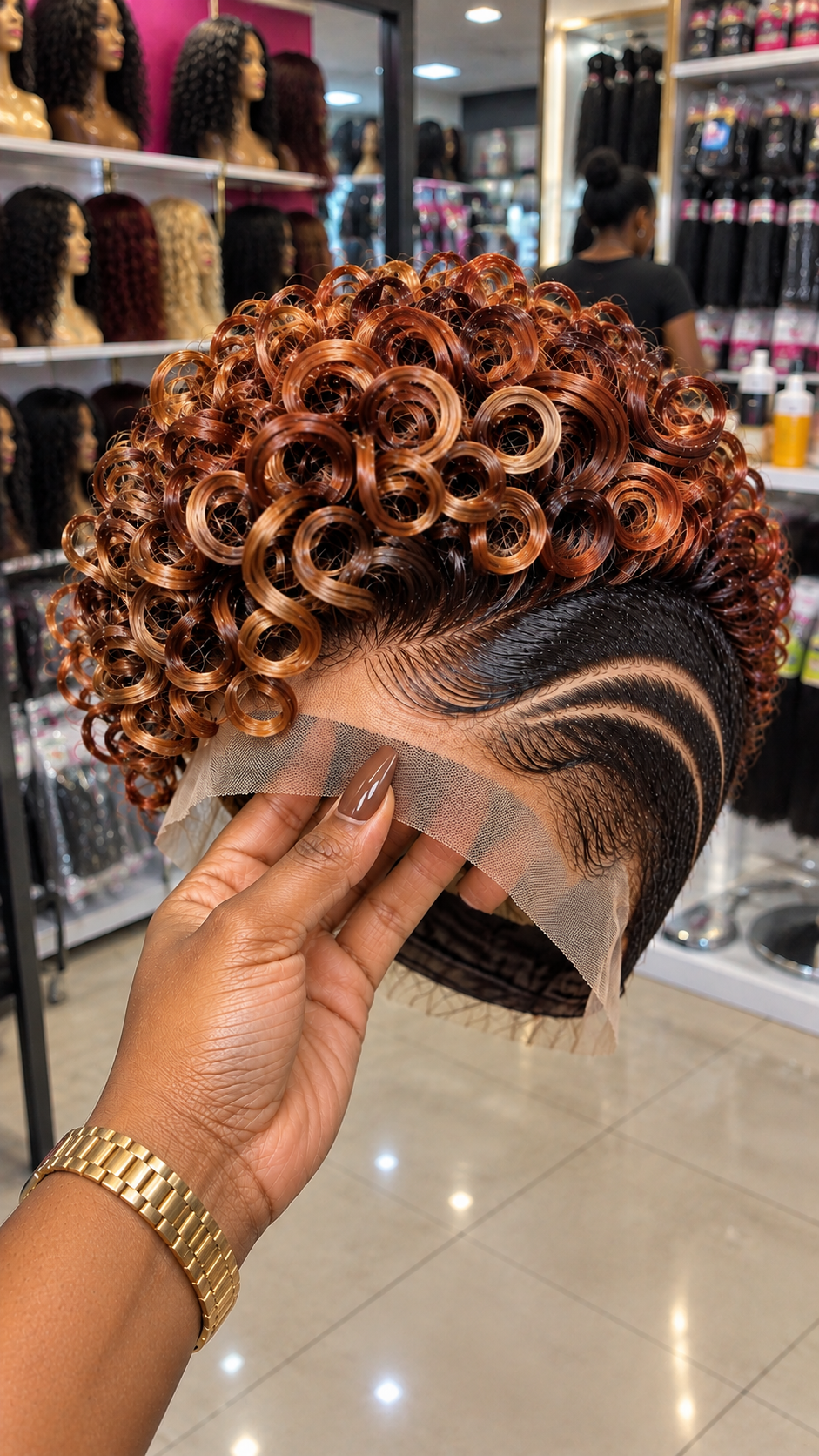 Burnished Copper Ringlet Wig With Double Temple Crescents and a Dark Sculpted Side #yf