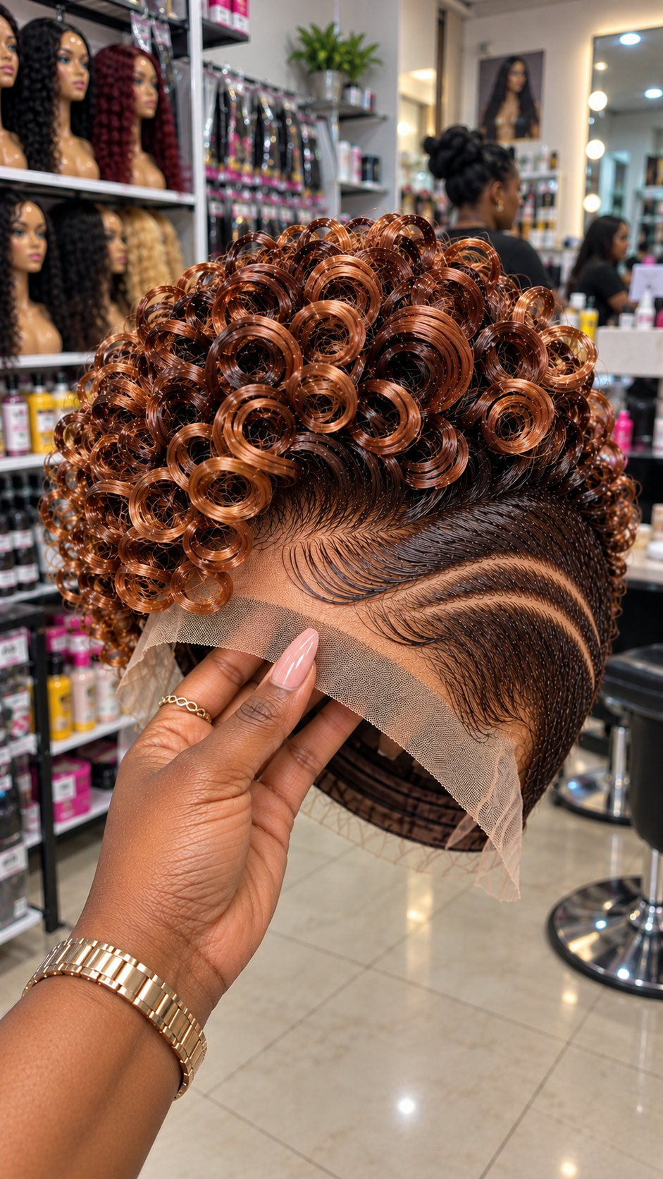 Copper Auburn Ringlet Lace Wig with Chocolate Roots and Twin Sweeping Temple Waves #natu