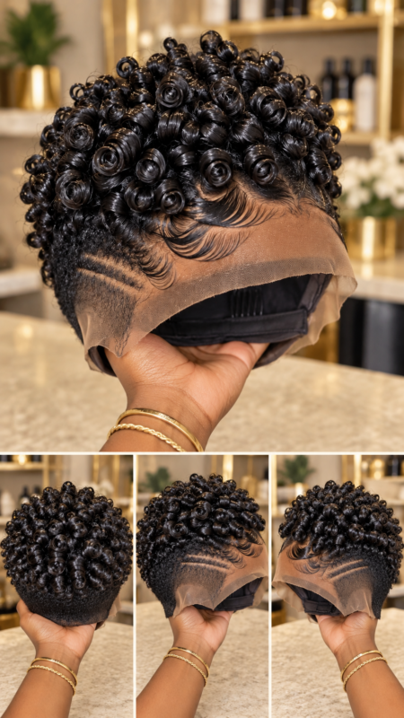 Midnight Black Spiral Coil Wig With Feathered Forehead Waves and Twin Side Etchings #bestk