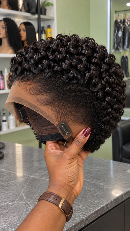 Natural Black Tapered Coil Wig With an Uncarved Side and Open Spiral Crown #bry