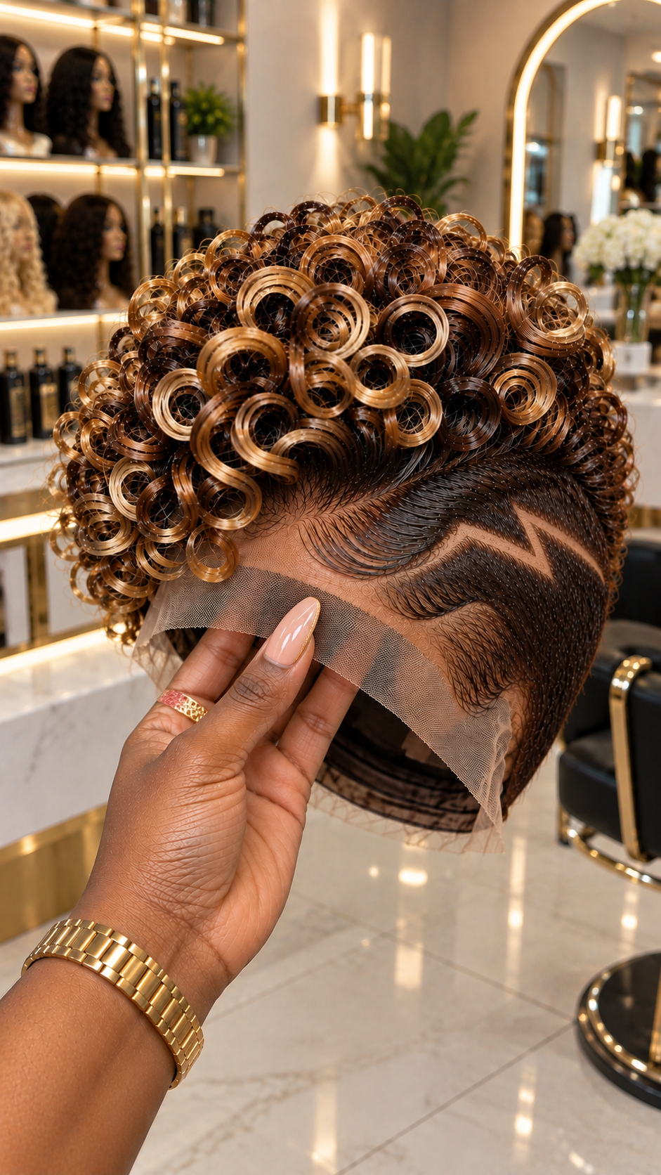 Honey Bronze Ringlet Wig With a Lightning-Inspired Temple Cut and Dark Espresso Base #the