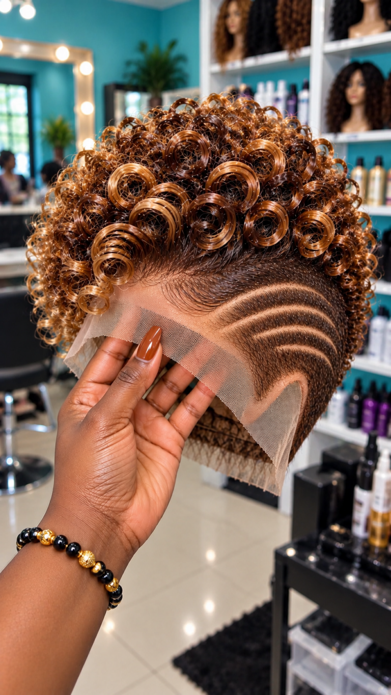 Caramel Bronze Spiral Ringlet Wig With Triple Sweeping Temple Arcs and a Copper-Brown Crown #afth