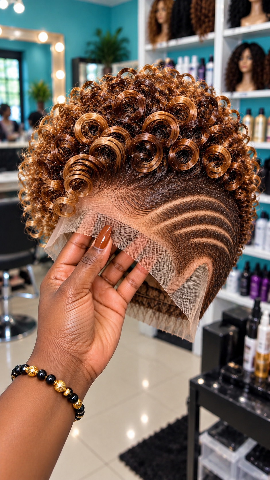 Caramel Bronze Spiral Ringlet Wig With Triple Sweeping Temple Arcs and a Copper-Brown Crown #afth