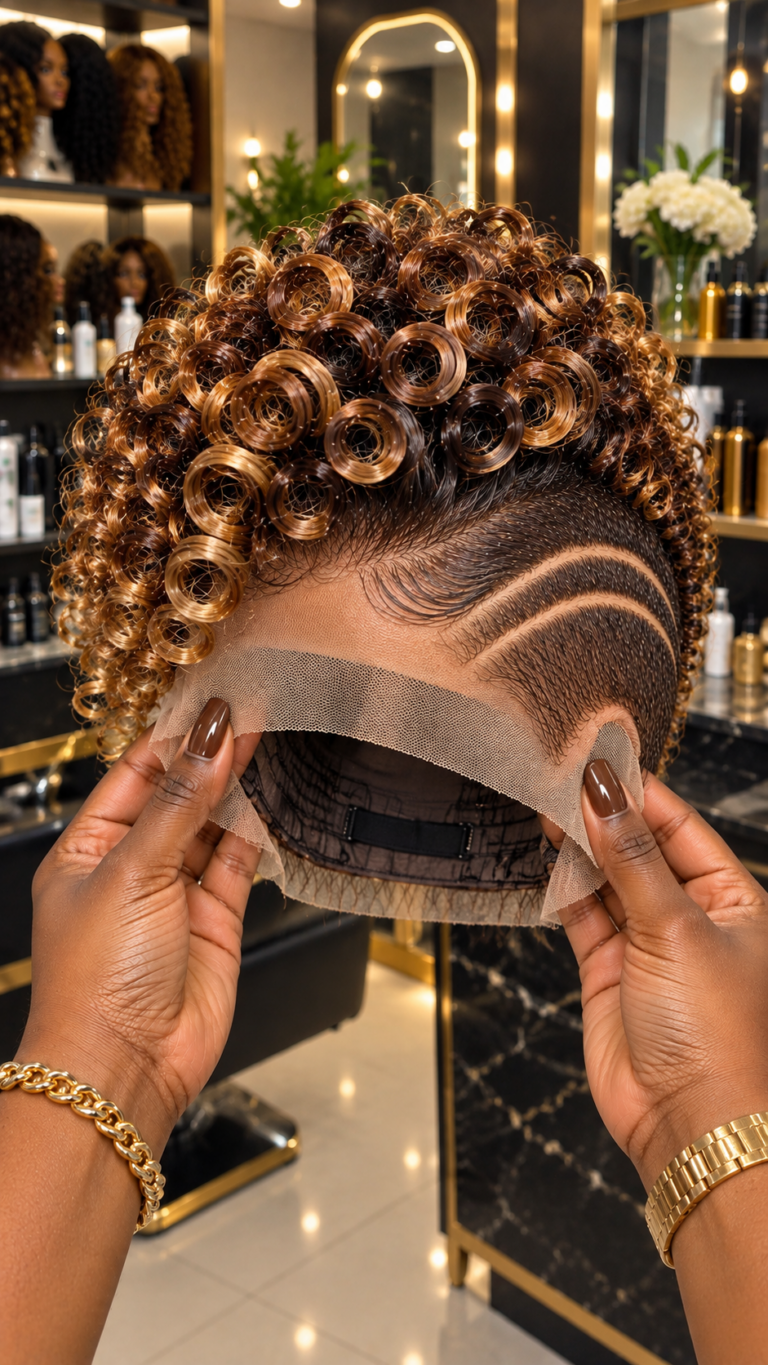 Caramel Bronze Ringlet Pixie Wig With Twin S-Curve Temple Channels and Exposed Lace Cap #apdh