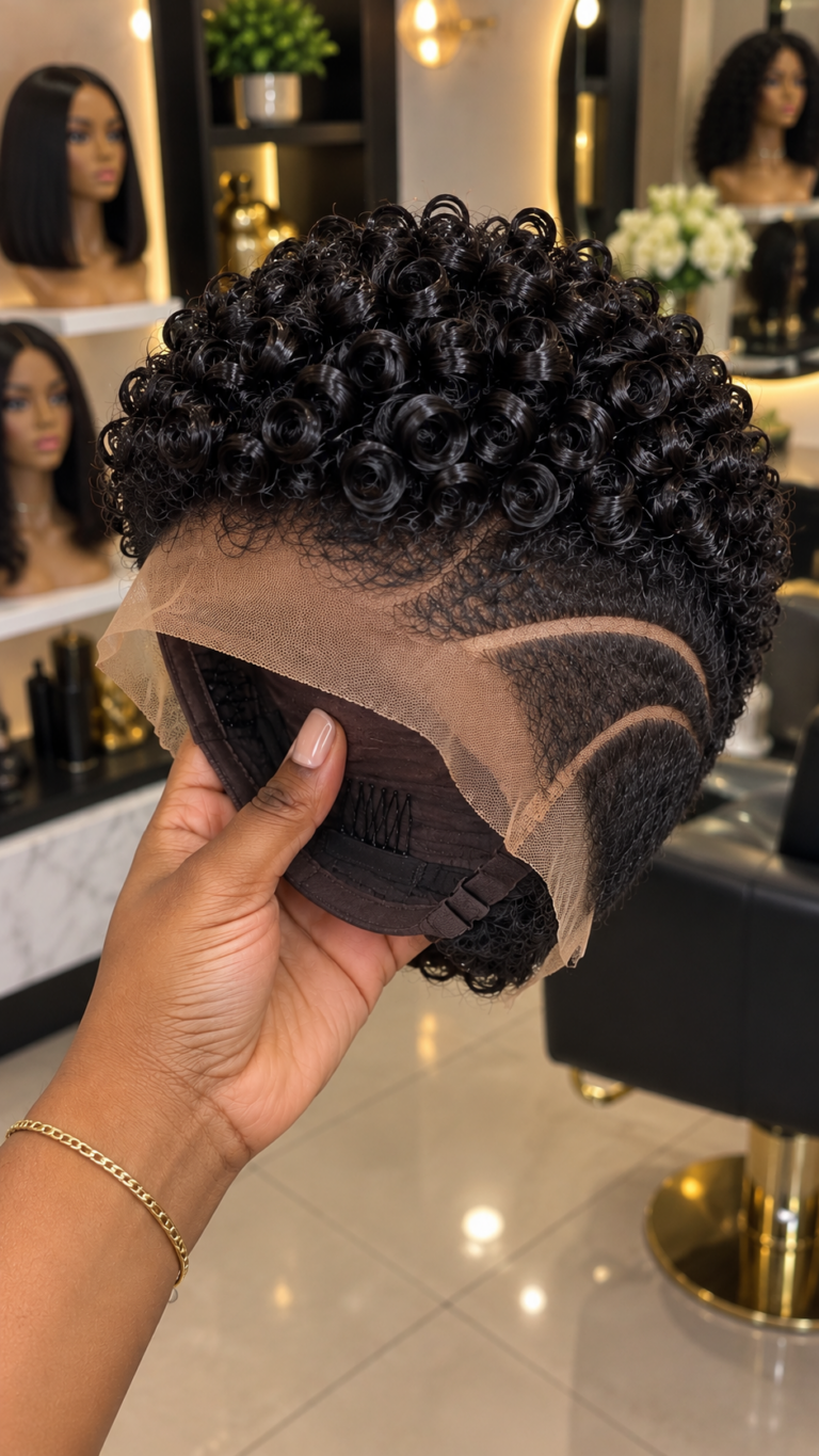 Raven Black Circular Coil Pixie Wig with Twin Curved Temple Lines and Exposed Lace #bc